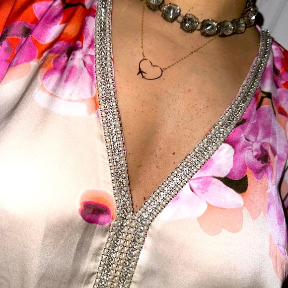 Boston Proper Floral Bloom Print Blouse Rhinestone Embellished Tunic Shirt Top S - Picture 6 of 7